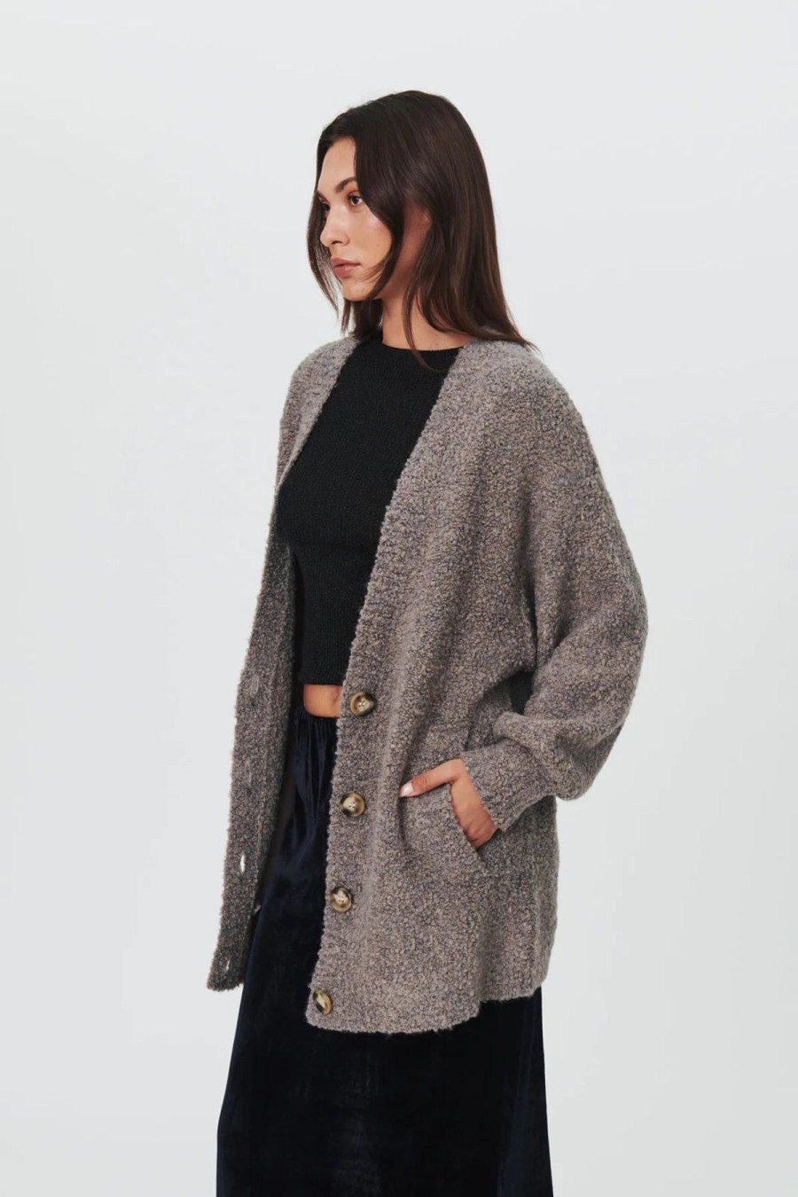 Women Rowie The Label Blazers & Knits & Jackets & Robes | Audette Knit Cardigan/Mushroom Marle