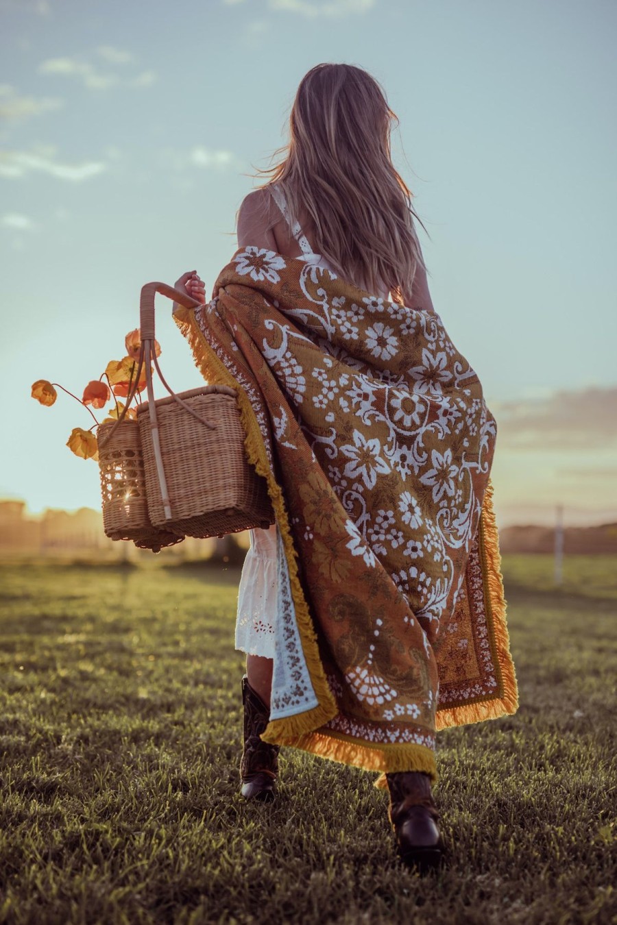 Women Wandering Folk Beach Accessories | Ornate Floral Throw/Ginger