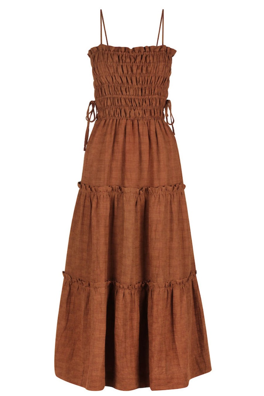 Women Shona Joy Dresses | Brigitte Shirred Tiered Midi Dress/Almond