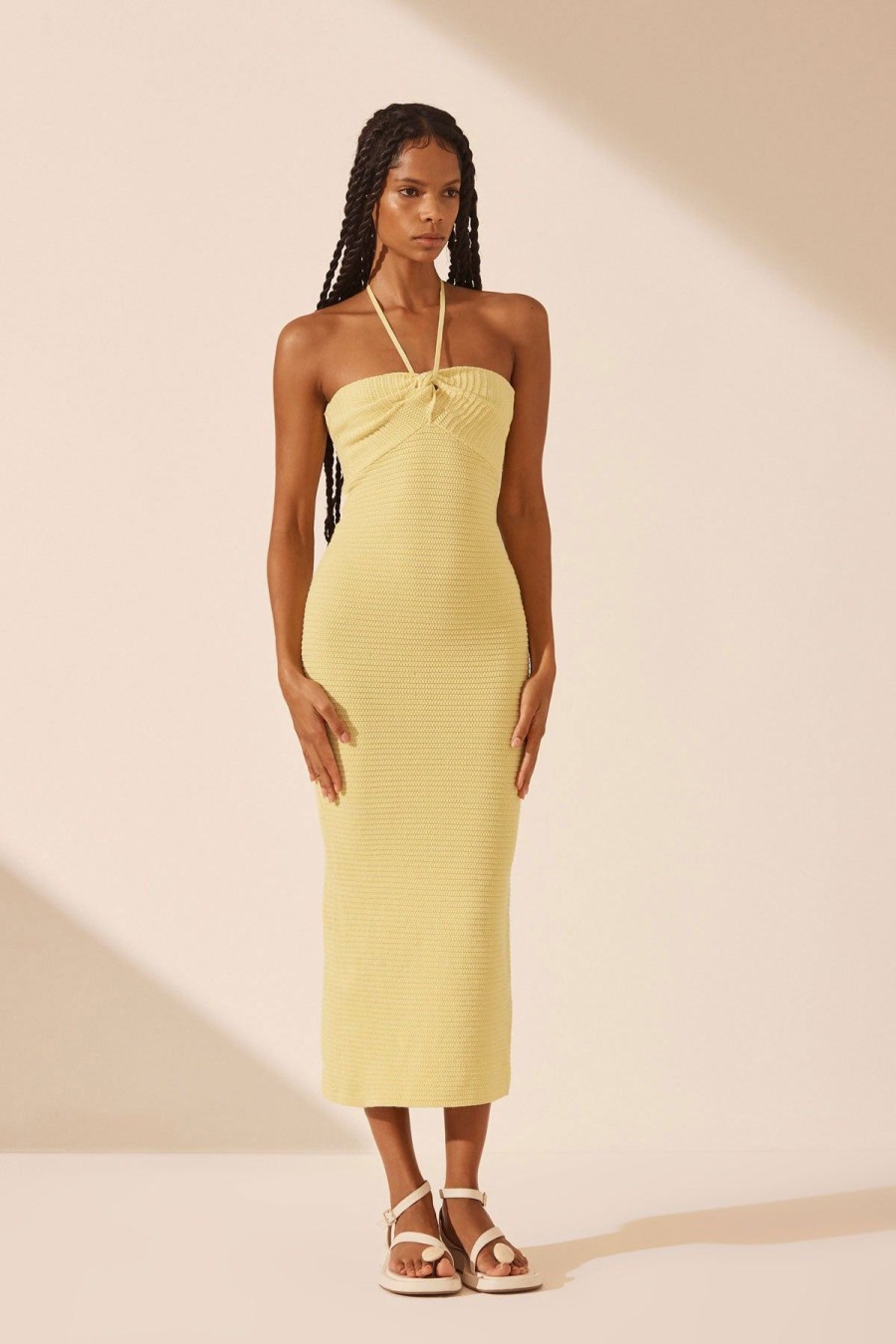 Women Shona Joy Dresses | Eve Twist Front Halter Midi Dress/Lemon