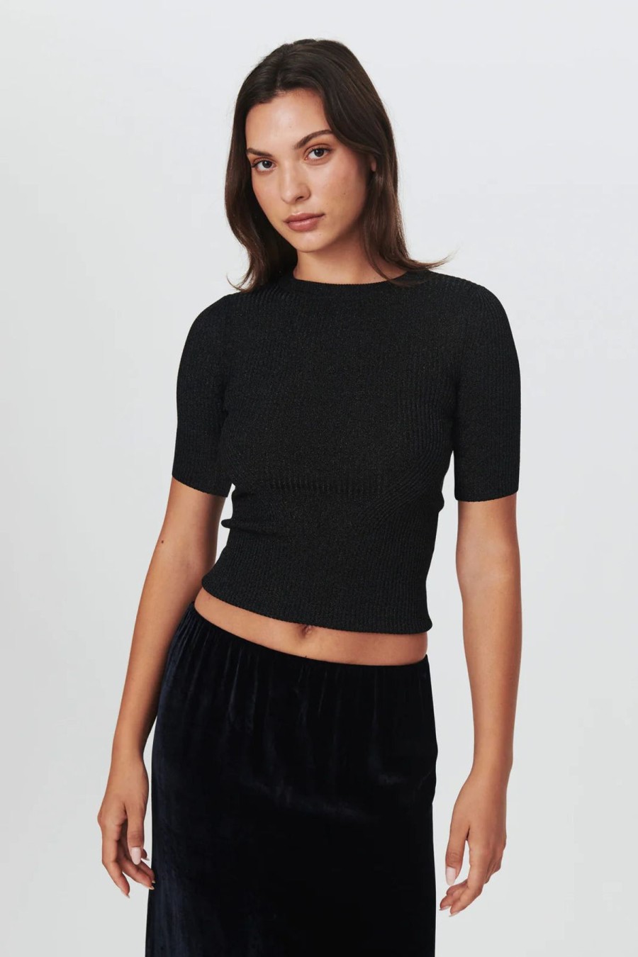 Women Rowie The Label Tops | Stanley Lurex Knit Tee/Silver Noir