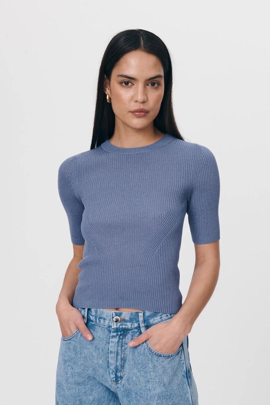 Women Rowie The Label Tops | Stanley Lurex Knit Tee/Silver Blue